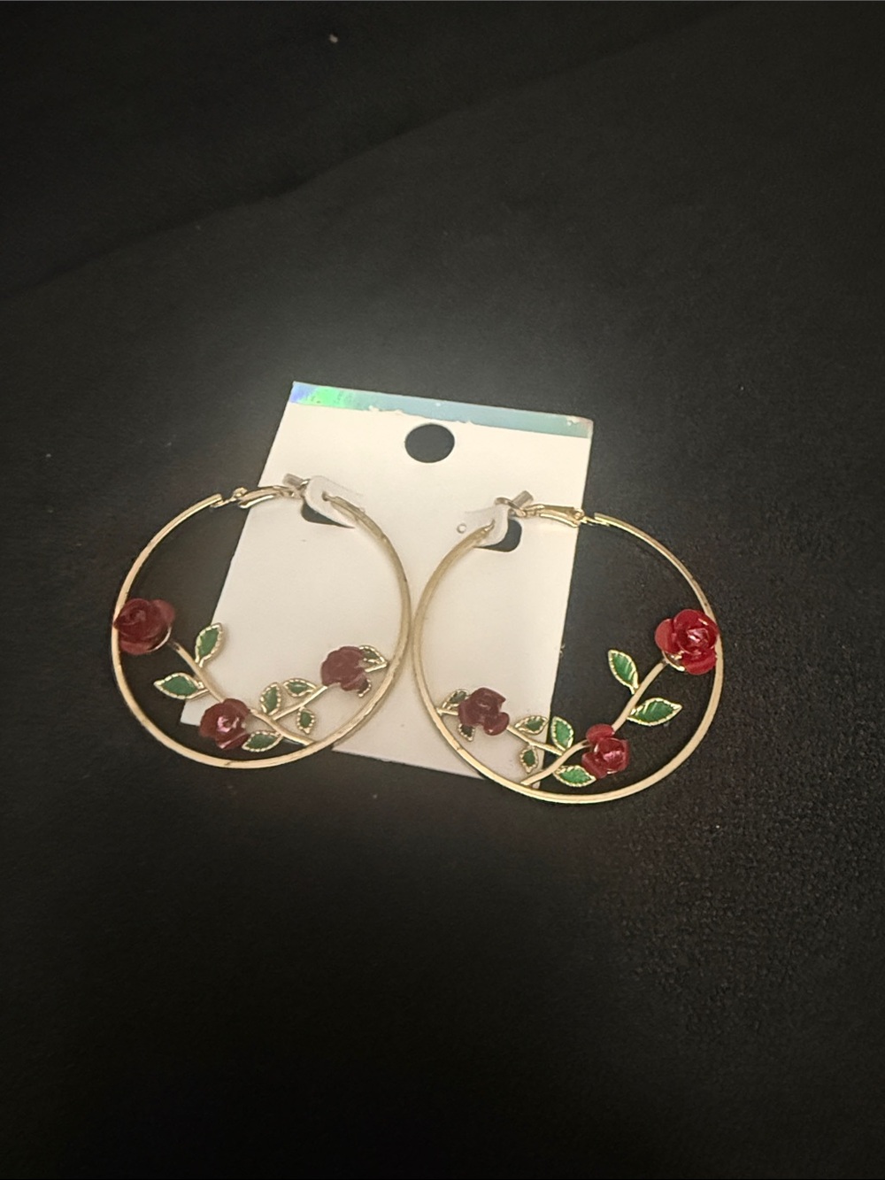 Gold Hoop Earrings with Red Rose Accents - Women Jewelry